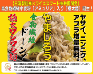 【日清製粉㈱×ワイエスフード㈱】高食物繊維小麦粉「アミュリア」使用の極太麺を共同開発、既存品の約2倍の食物繊維で進化系麺が完成！人気の極太ワシワシ麺 『やまじろう』などお客様の健康意識してリニューアル